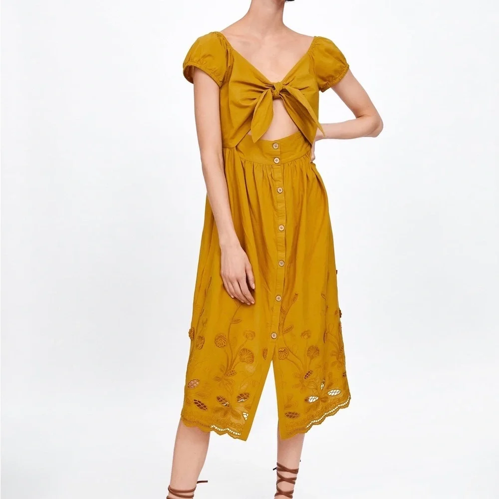 ZARA Mustard Yellow Tie-Front Dress - Picture 2 of 8